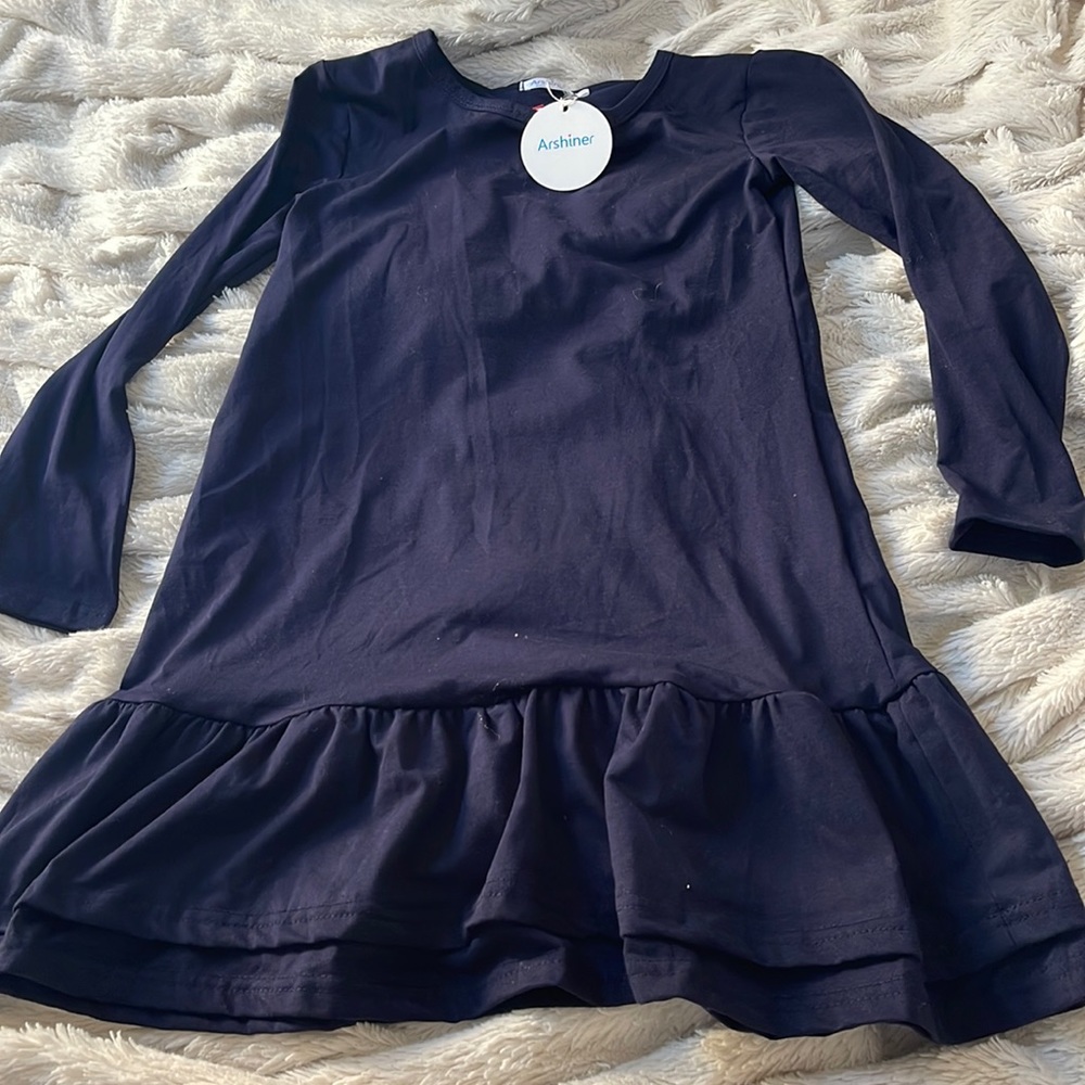Girls Navy Blue Midi dress with ruffle along the bottom. Size 10.